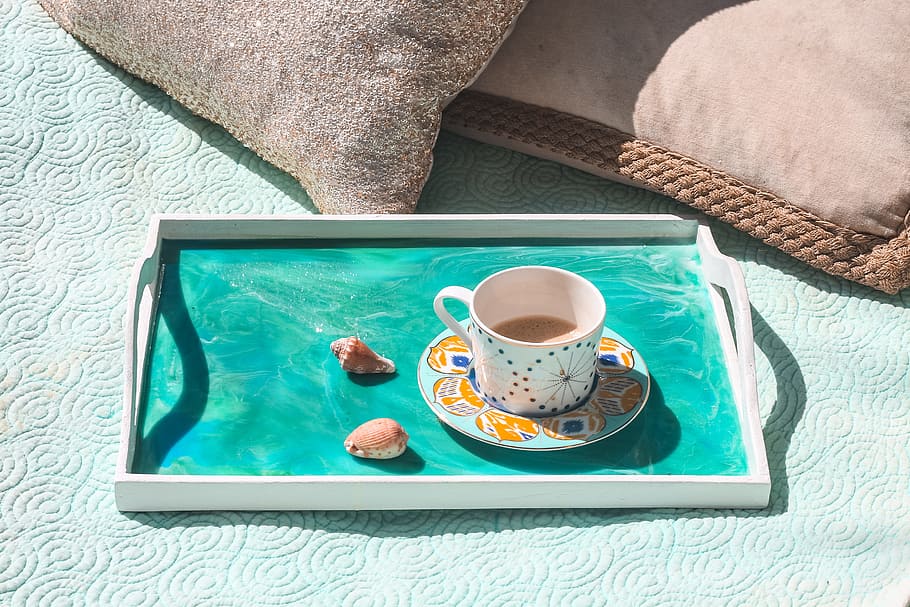 white ceramic mug on white serving tray, tea, cup, sunlight, shadow HD wallpaper