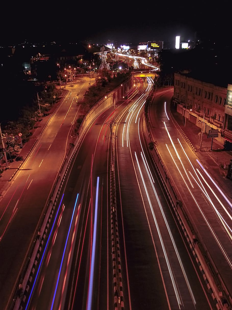 indonesia, bali, illuminated, long exposure, night, light trail HD wallpaper