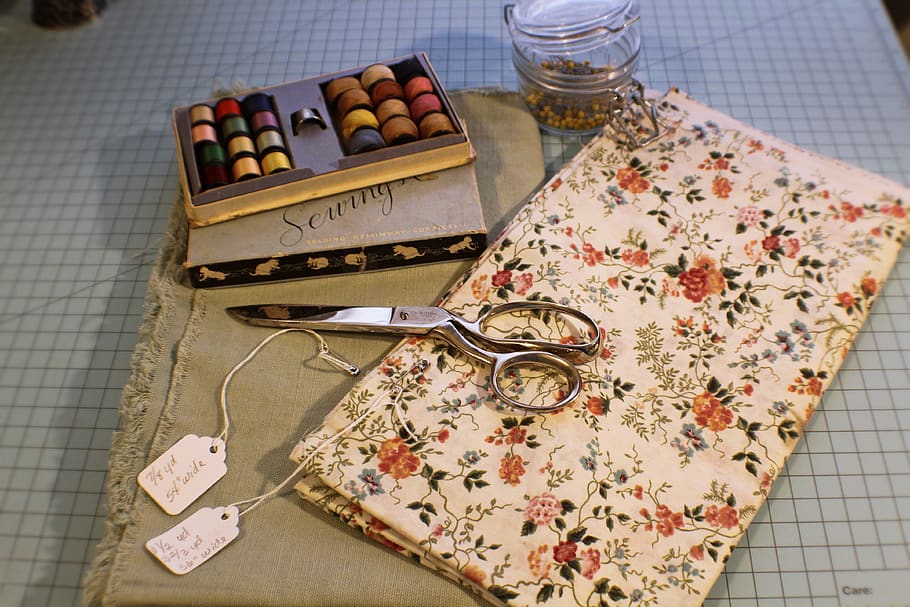 sewing, crafting, crafts, scissors, cloth, fabric, thread, pins