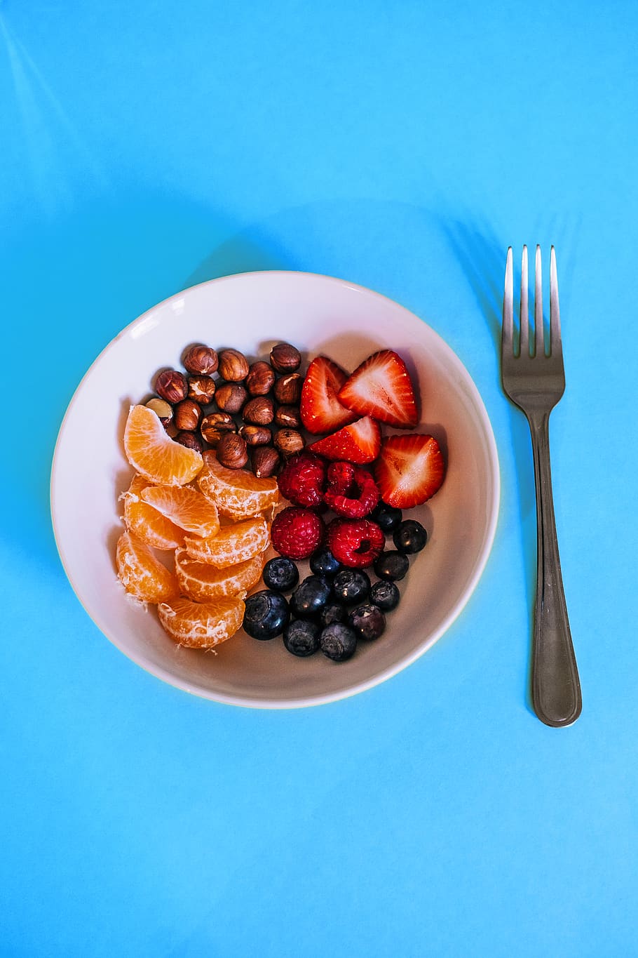 Variety of Fruits on White Ceramic Bowl With Gray Fork, blackberries HD wallpaper