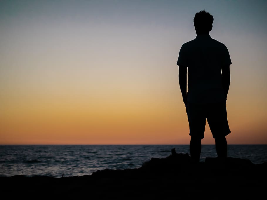 Online crop | HD wallpaper: man looking at sea, sunset, sky, silhouette ...