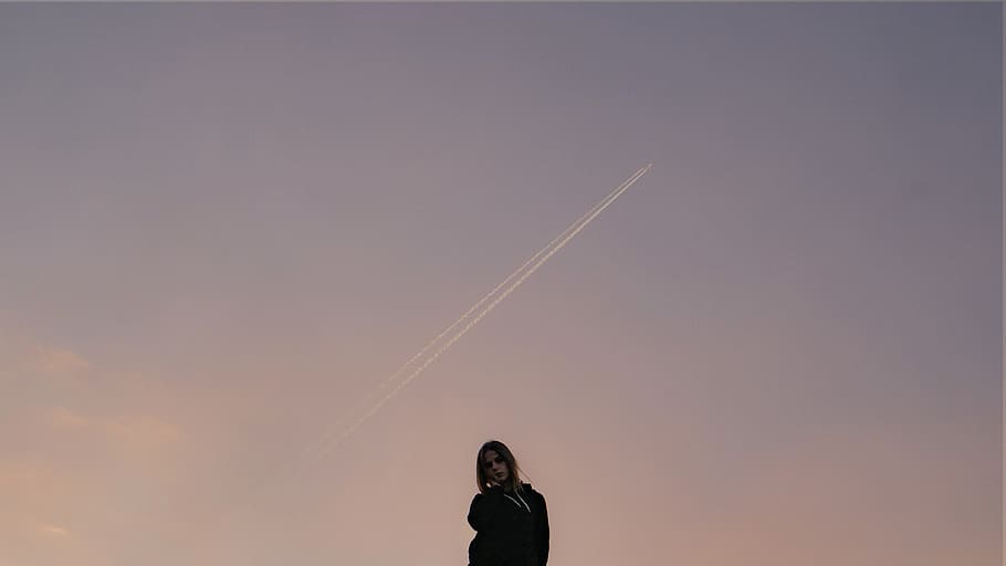 outdoor sunset plane, sky, one person, copy space, low angle view HD wallpaper