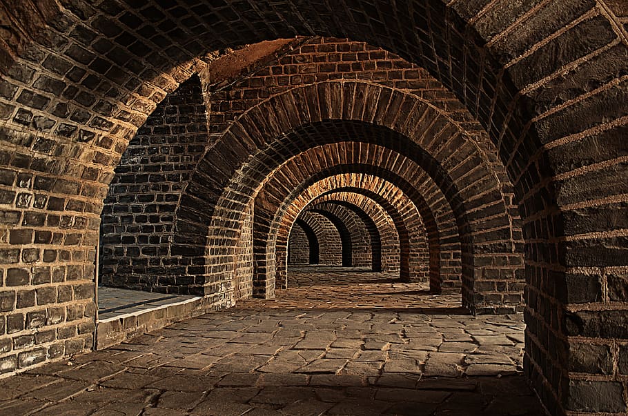 Brown Brick Road, arches, architecture, building, hallway, stones HD wallpaper