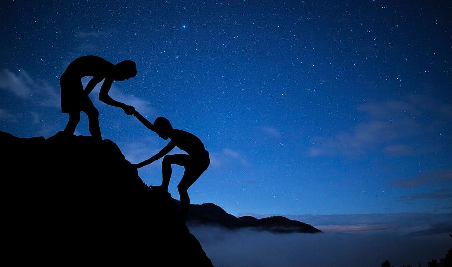 mentor, help, climbing, hand, adventure, mountain, sky, stars HD wallpaper