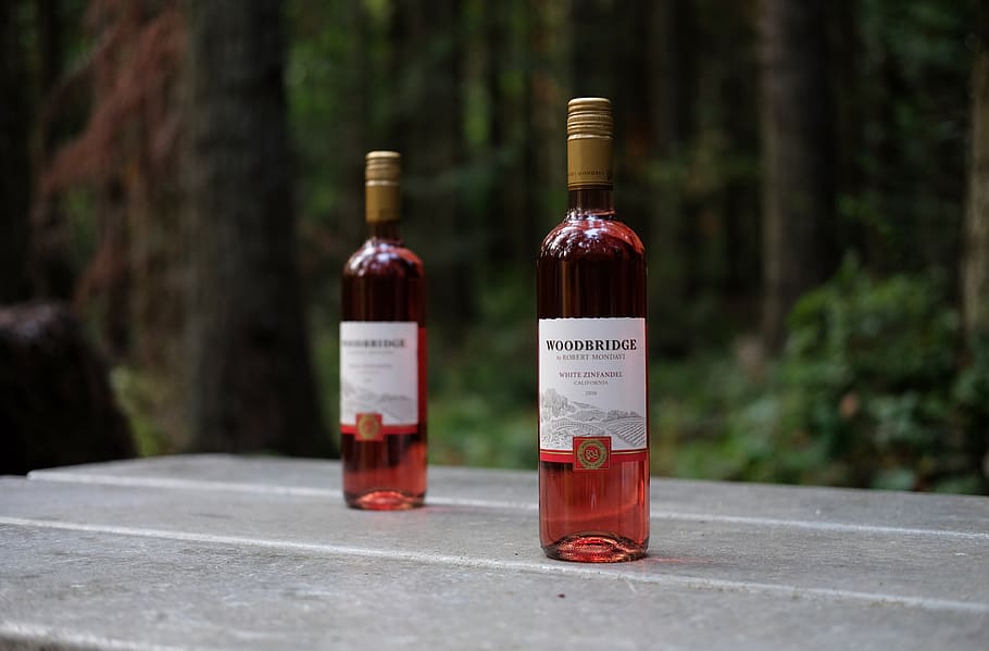 forest, rosé, container, bottle, label, text, red, no people HD wallpaper