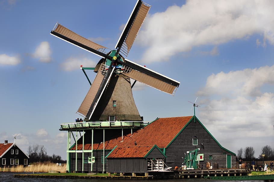 netherlands, windmill, holland, clouds, colours, architecture HD wallpaper