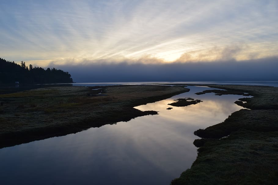 sunrise, reflection, shore, water, coast, sky, landscape, scenic HD wallpaper
