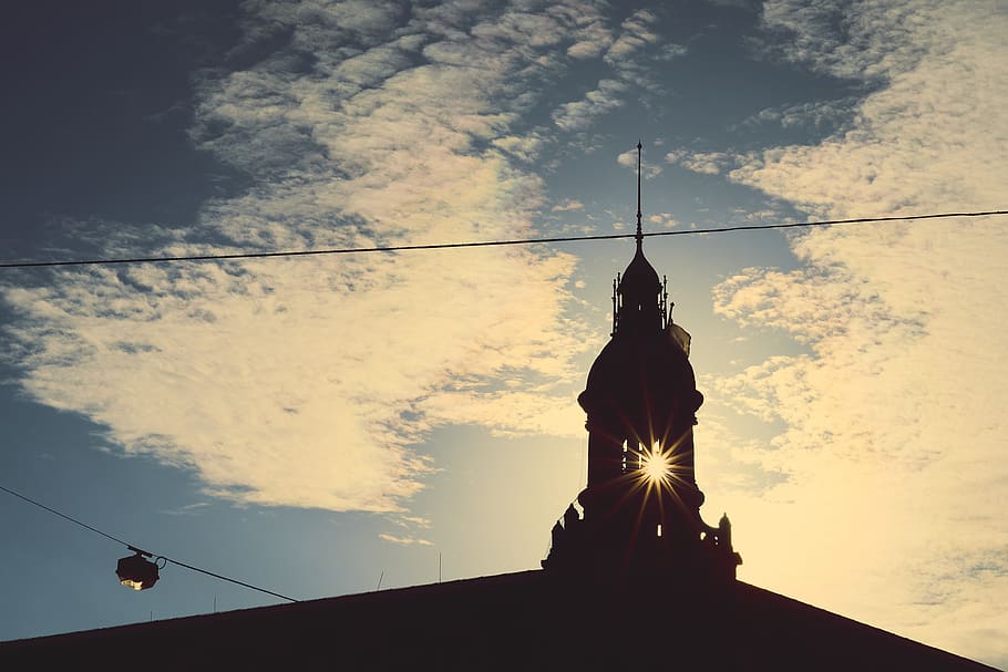 netherlands, amsterdam, sun, tower, sky, dome, silhouette, clouds HD wallpaper