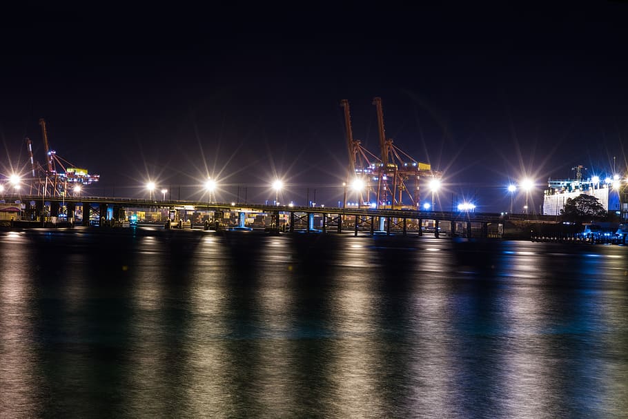 water, waterfront, port, dock, pier, building, bridge, lighting, HD wallpaper