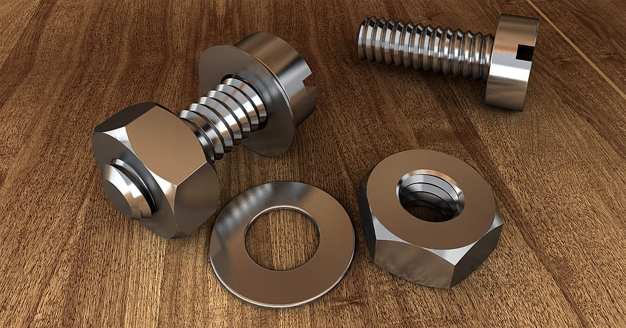 Two Gray Bolts and Nuts on Wooden Surface, carpentry, chrome, HD wallpaper