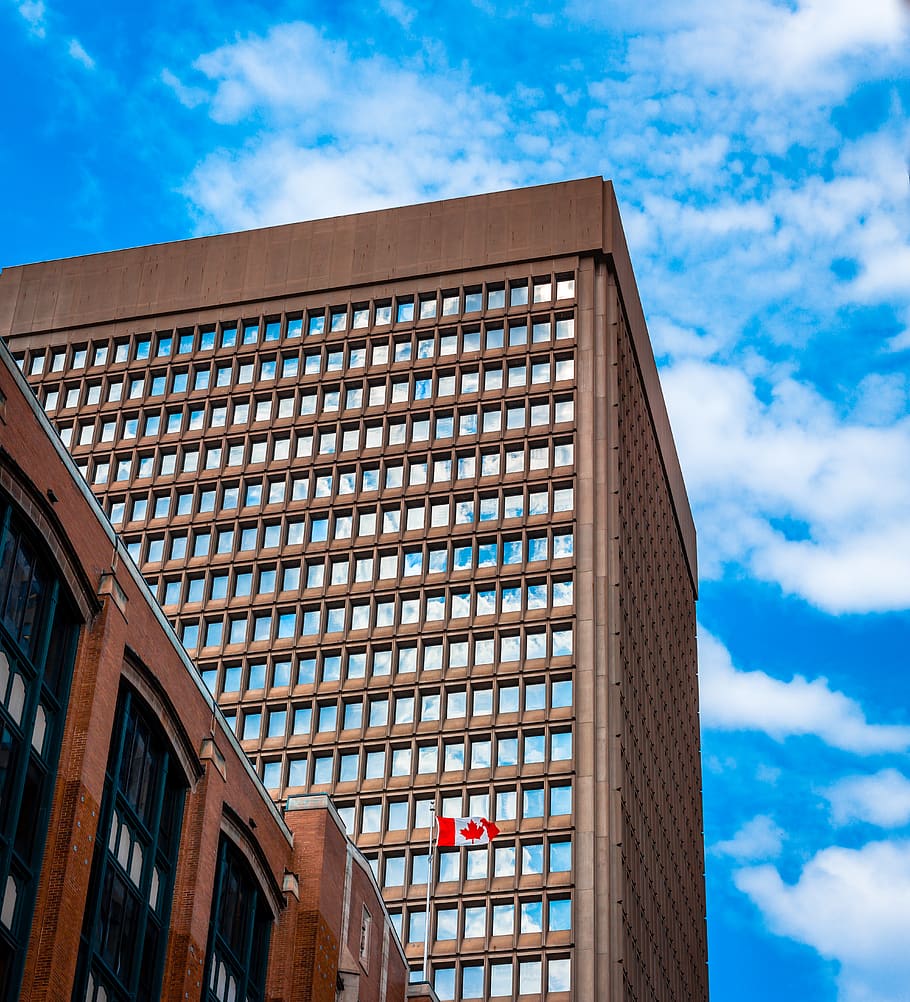 canada, montreal, building, cloud, city, flag, sky, reflection HD wallpaper
