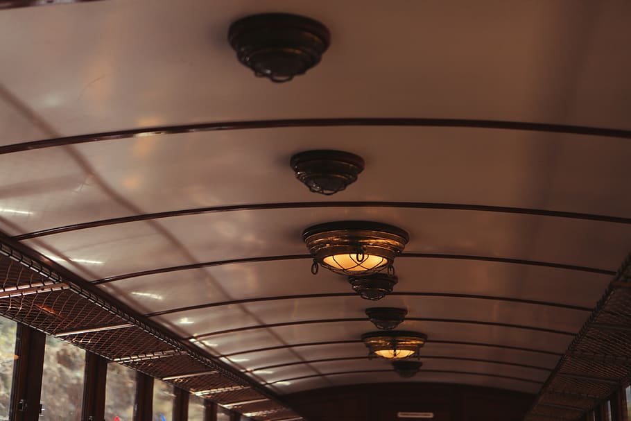 train, ceiling, lights, windows, transport, travel, low angle view HD wallpaper