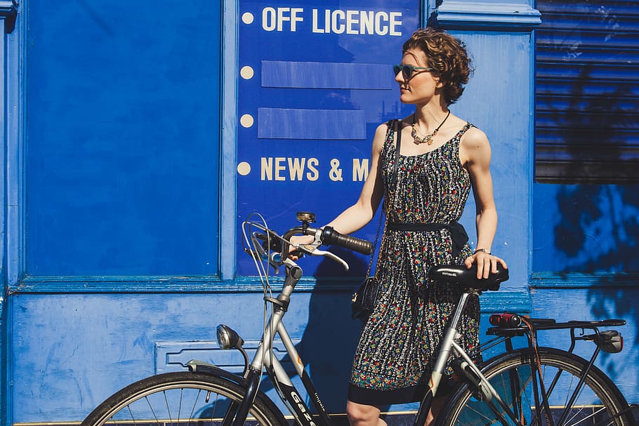 united kingdom, london, bike, bicycle, blubel, lady, dress, HD wallpaper