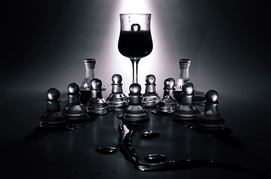 Clear Glass Chess Piece and Wine Glass, black-and-white, game, HD wallpaper