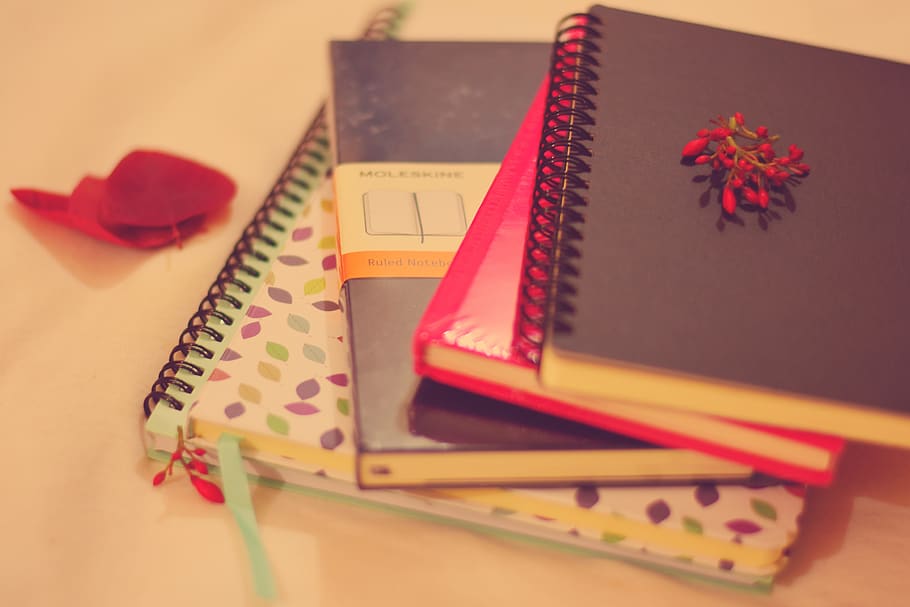notebook, leaves, flowers, red, pink, write, words, table, indoors HD wallpaper