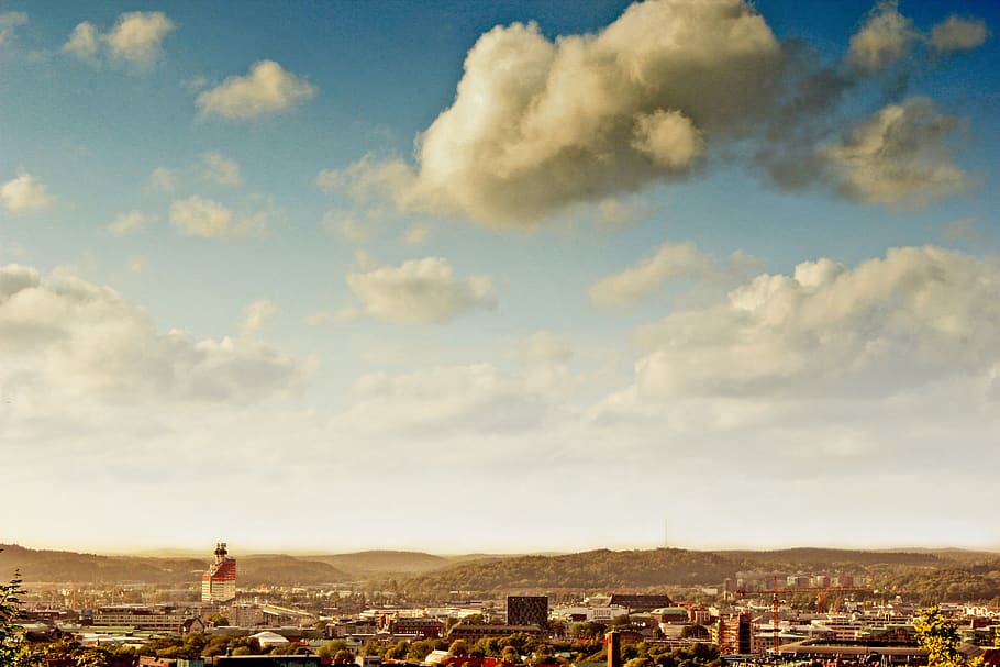 brown, blue, white, sky, clouds, city, buildings, horizon, cloud - sky HD wallpaper