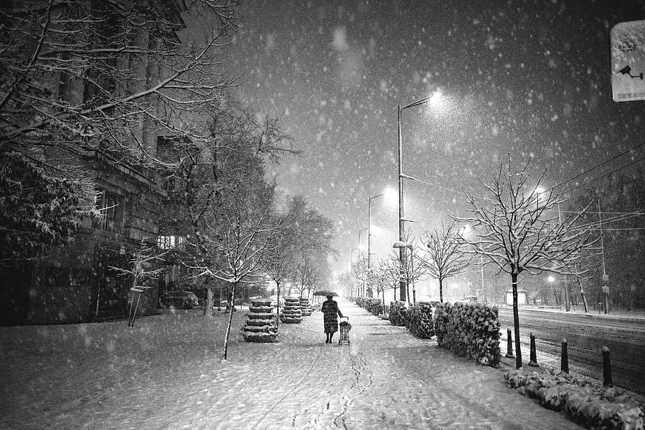 person walking on street with umbrella during snowy night, outdoors