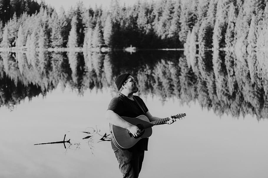 grayscale photo of man playing acoustic guitar, musical instrument, HD wallpaper