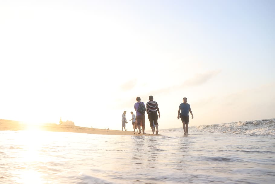 sea, sunshine, sky, water, group of people, men, beach, nature HD wallpaper