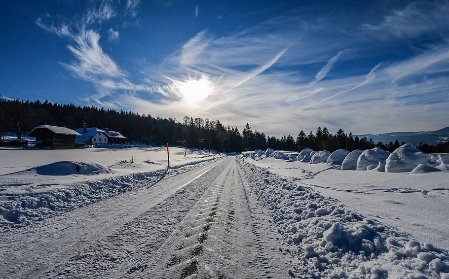 road, snow, winter, sky, clouds, path, forest, cold, chaumont HD wallpaper