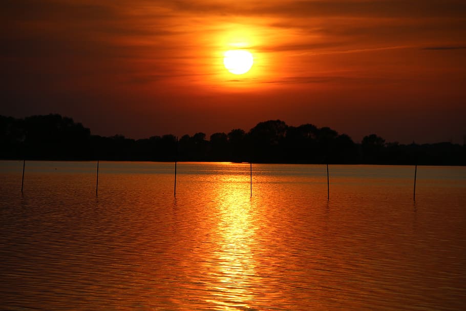 evening, sunset, lake, sky, nature, landscape, dusk, mood, evening sky HD wallpaper