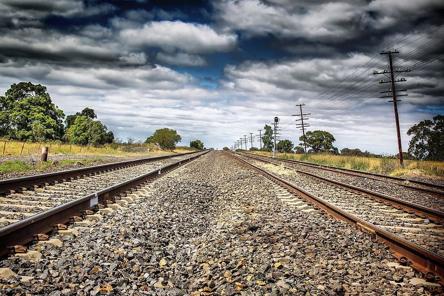 australia, melbourne, train, railway, trees, line, track, railroad track HD wallpaper