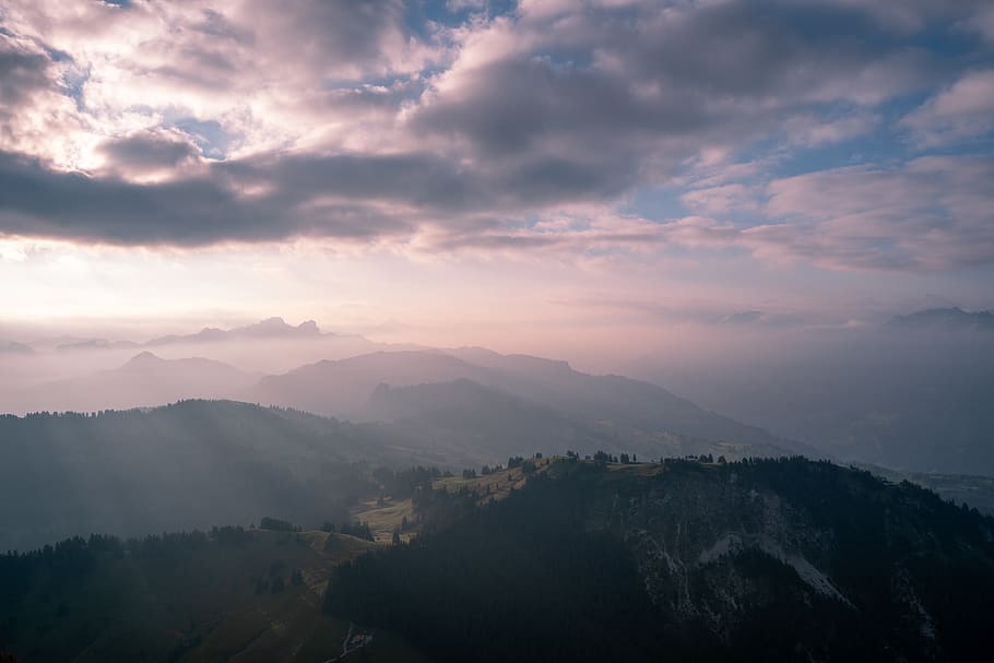 trees covered mountains, nature, outdoors, mountain range, switzerland HD wallpaper
