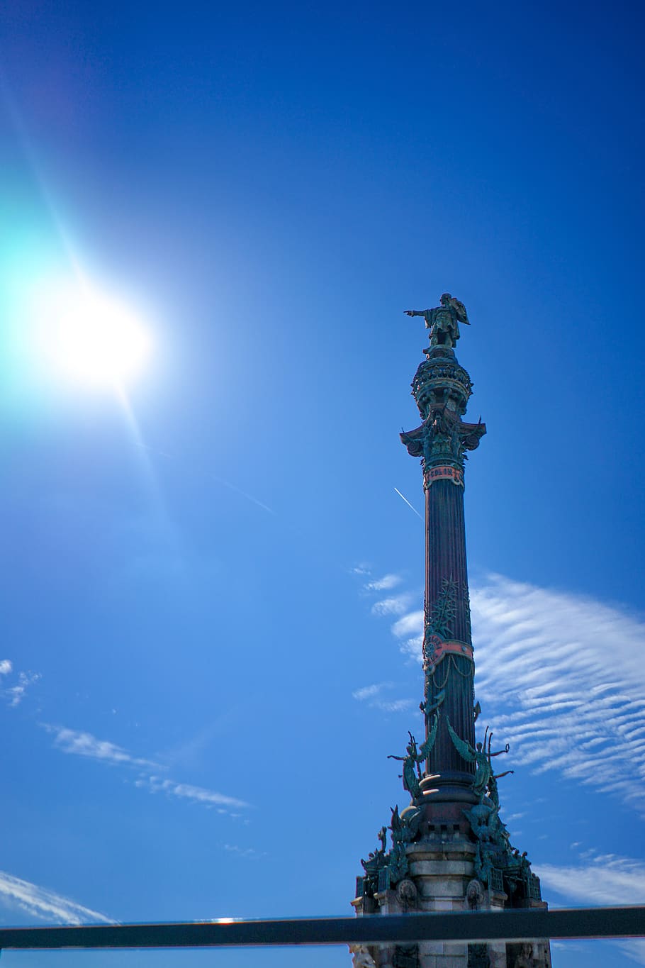 spain, barcelona, statue, pointing, sculpture, sky, blue, no people HD wallpaper