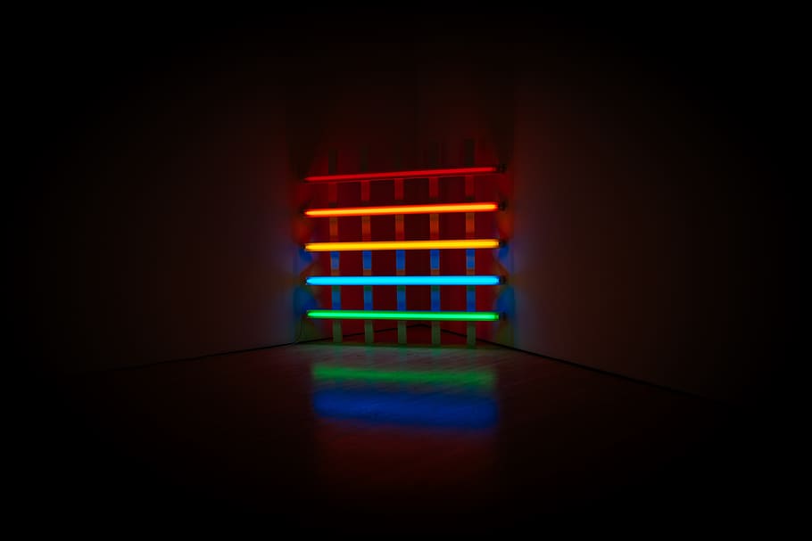 lighted red, blue, and green frames, indoors, spotlight, dark HD wallpaper