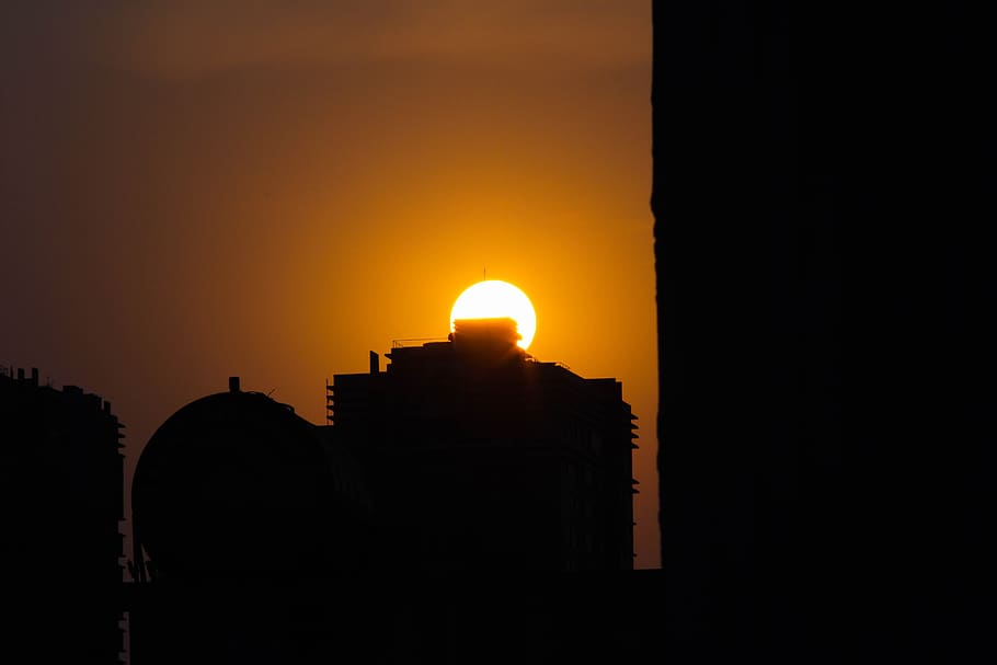 sunset, building, dawn, dark, sky, orange color, built structure HD wallpaper