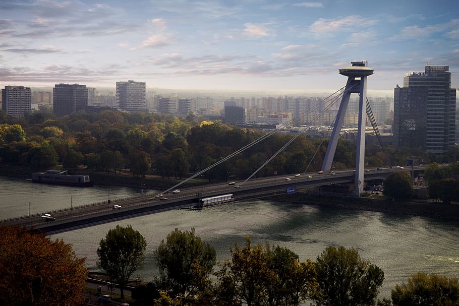 scape, city, bridge, danube, ufo, bratislava, suspension bridge, HD wallpaper