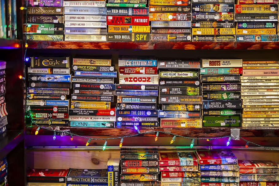 assorted-titel book lot, shelf, shop, bookcase, furniture, book store HD wallpaper