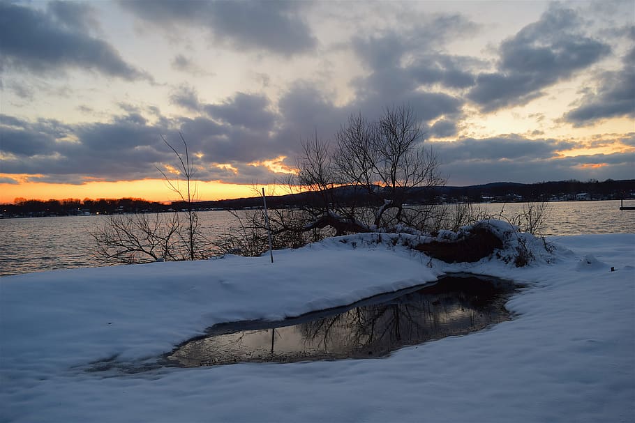 snow, winter, sunset, lake, cold, nature, landscape, clouds HD wallpaper