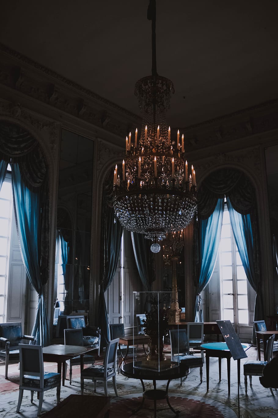 empty dining chairs under chandelier, table, seat, indoors, business HD wallpaper