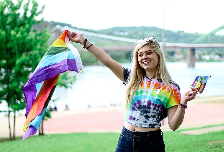 Woman in Multicolored Tie Dyed T-shirt and Black Denim Jeans Waving Flaglet, HD wallpaper