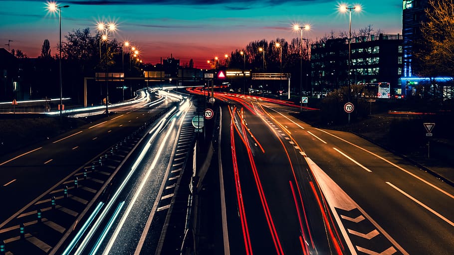 time lapse photography of road at night, highway, city, metropolis