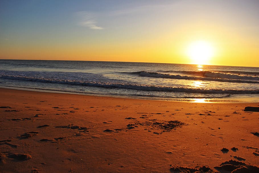 beach, waves, sunrise, ocean, surfing, sand, water, sea, land HD wallpaper