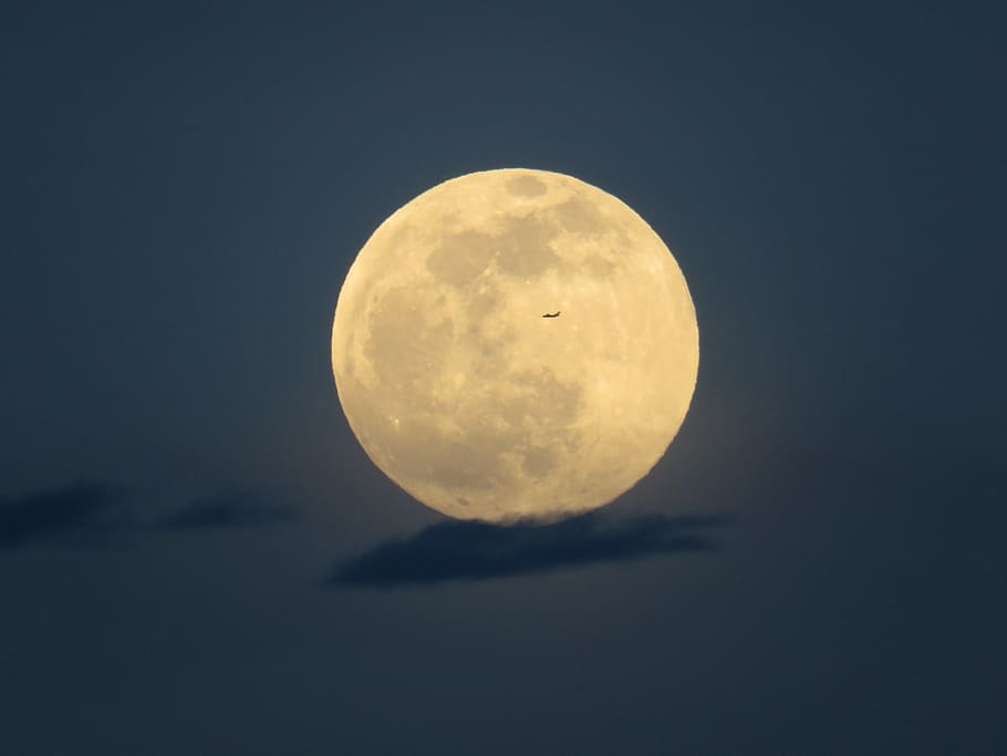 sky, night, airplane, supermoon, astronomy, space, full moon HD wallpaper