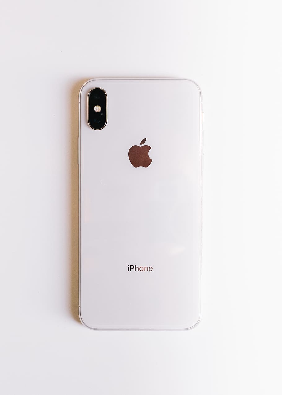 silver iPhone X, text, white background, no people, indoors, white color HD wallpaper