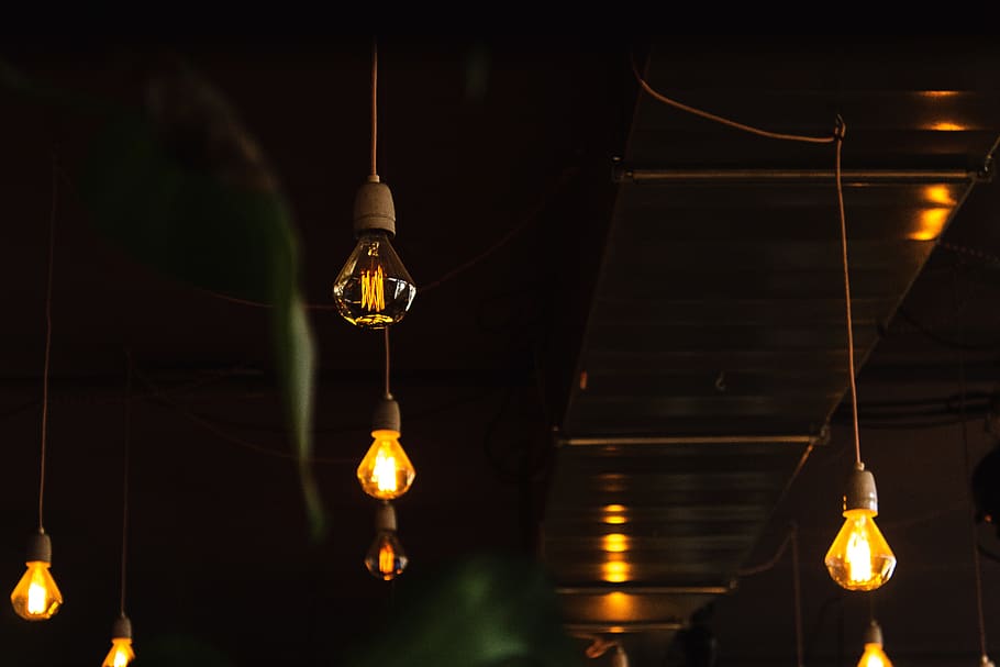 turned on incandescent bulbs inside building, hanging, illuminated HD wallpaper
