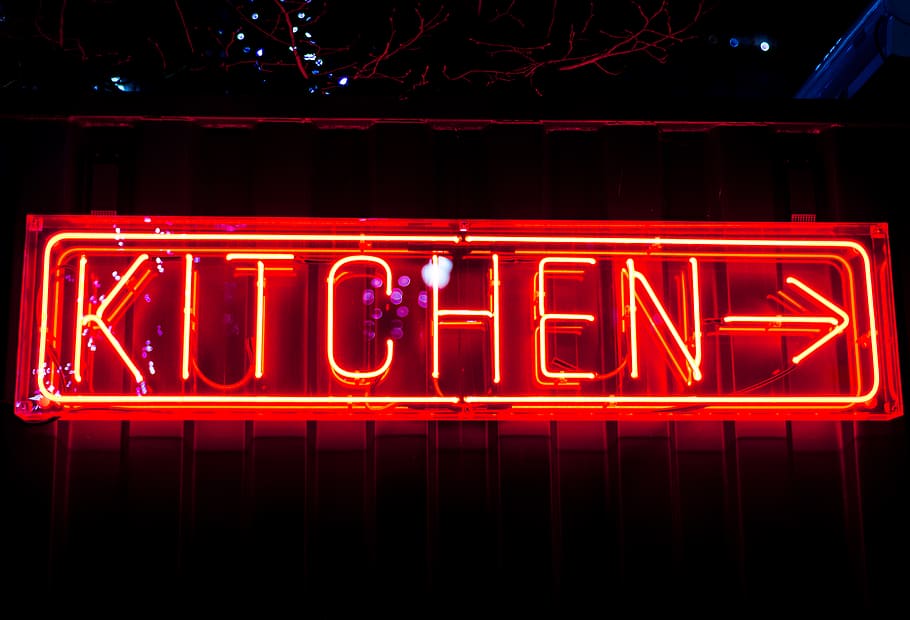 turned on red Kitchen neon sign, light, lighting, text, alphabet