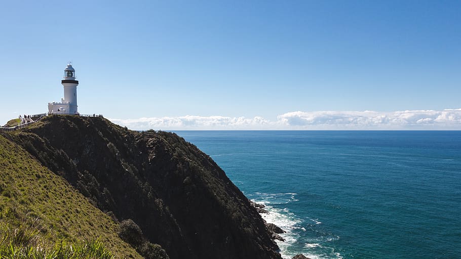 australia, byron bay, cape byron lighthouse, cliff, ocean, sea, HD wallpaper
