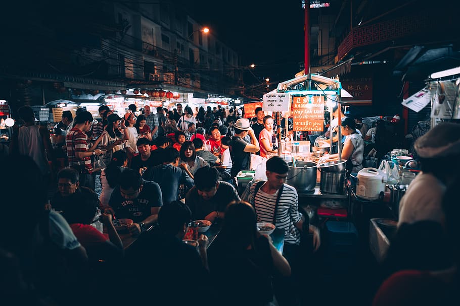 people eating on street, crowd, large group of people, real people