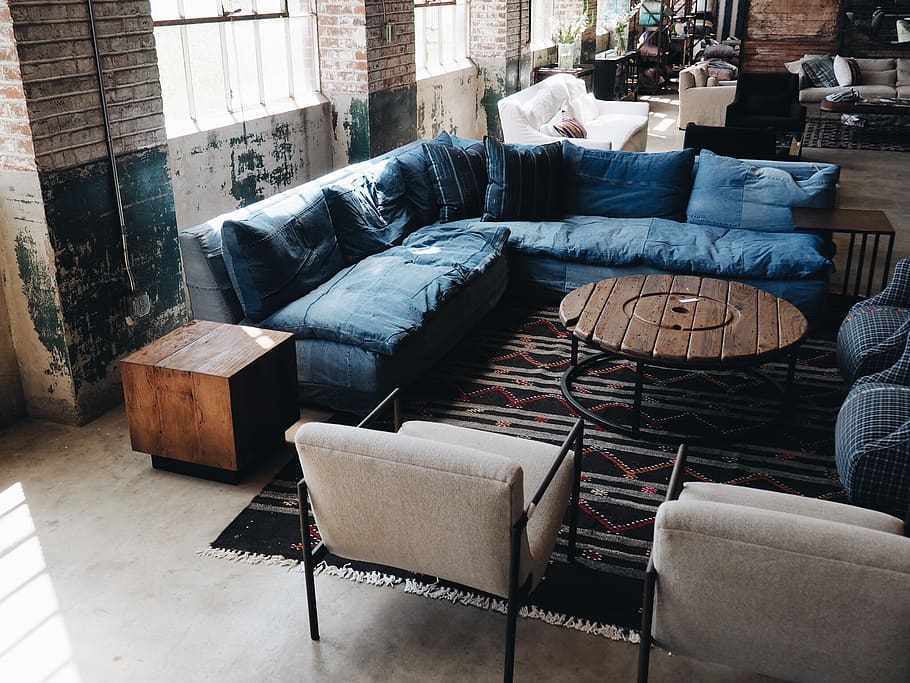 blue couch and white armchairs, furniture, sofa, indoors, no people HD wallpaper