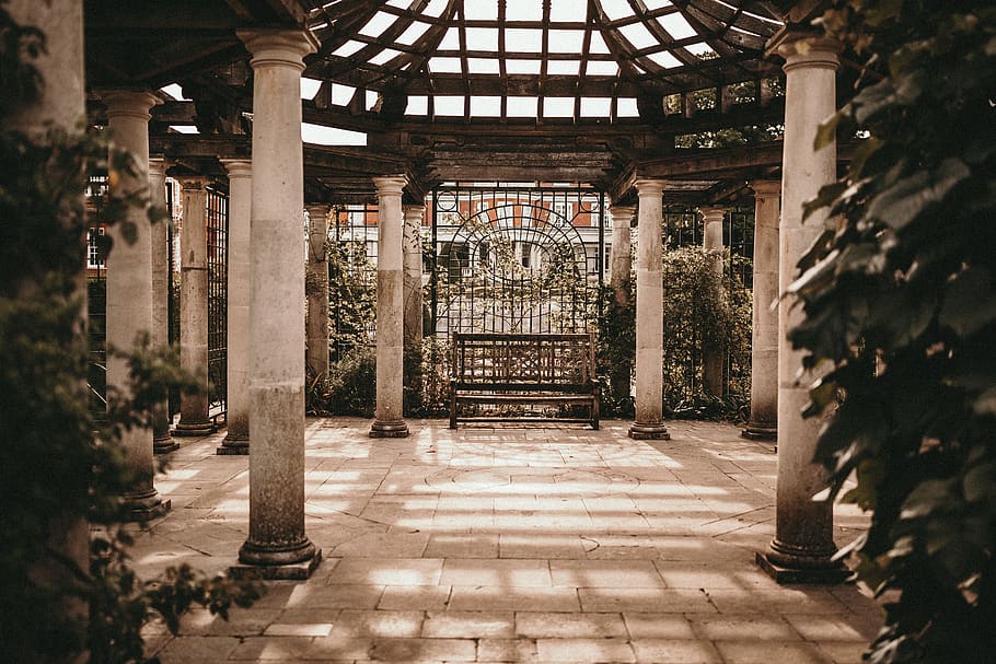 empty wooden bench between stone pillars, architecture, built structure HD wallpaper