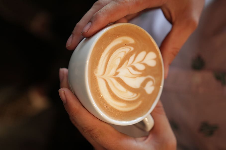 drink, latte, beverage, coffee cup, person, human, finger, machine HD wallpaper