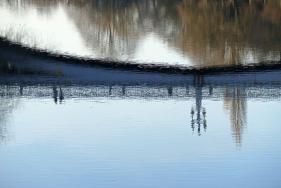 reflection, river, water, bridge, walker, pedestrian, tree HD wallpaper