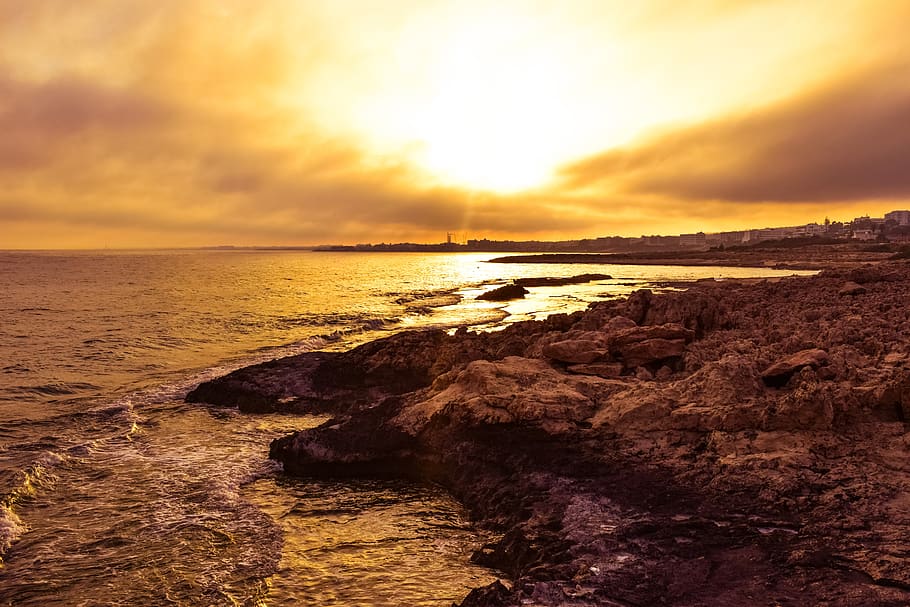Body of Water during Sunset, beach, clouds, cloudy, coast, dawn HD wallpaper