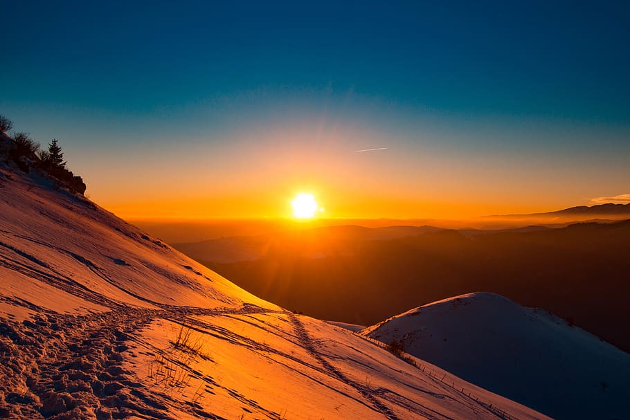 mountain, snow, sunset, landscape, travel, sky, winter, beauty in nature HD wallpaper