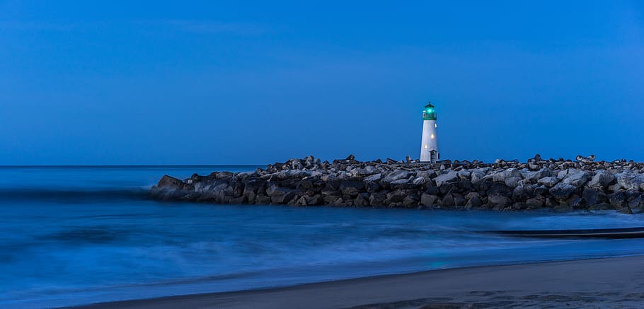 white lighthouse on rock formation, water, sea, guidance, tower HD wallpaper